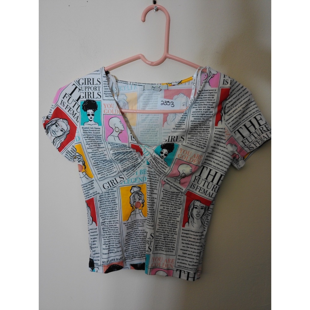 Papaya Newspaper Pop Art Top Women Small Multicolor V-Neck Feminist Y2K Graphic